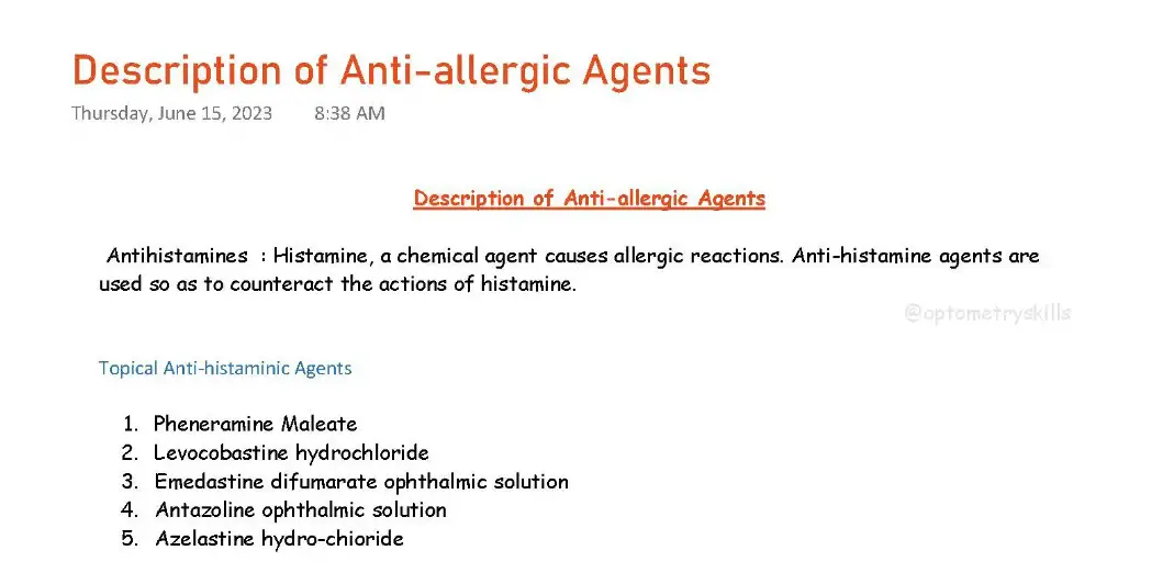 Description of topical Anti-allergic Agents